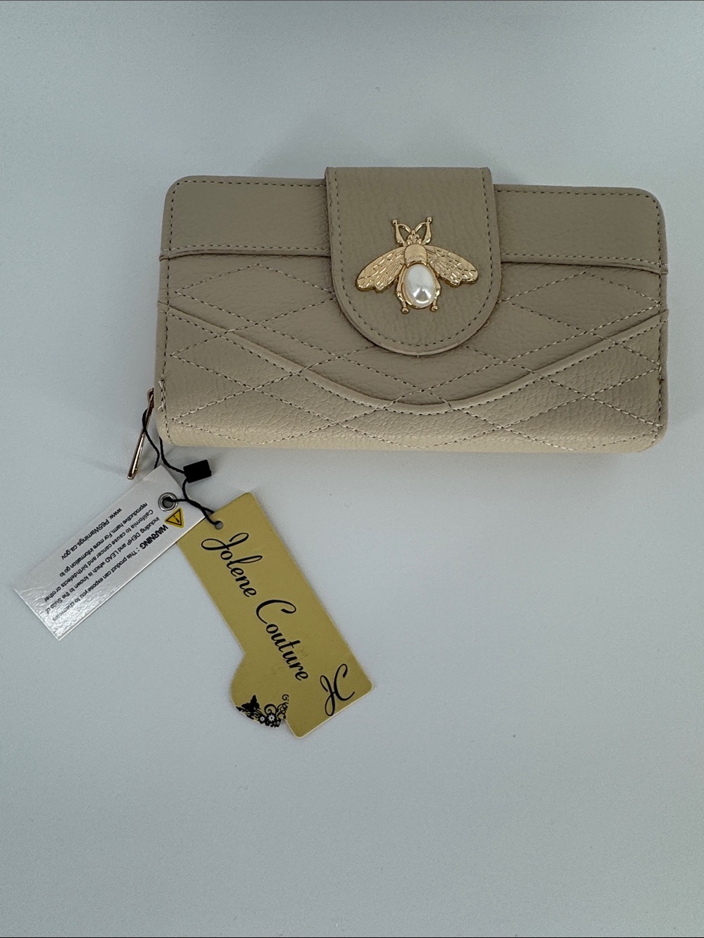 Beige Quilted Wallet with Gold Bee Accent